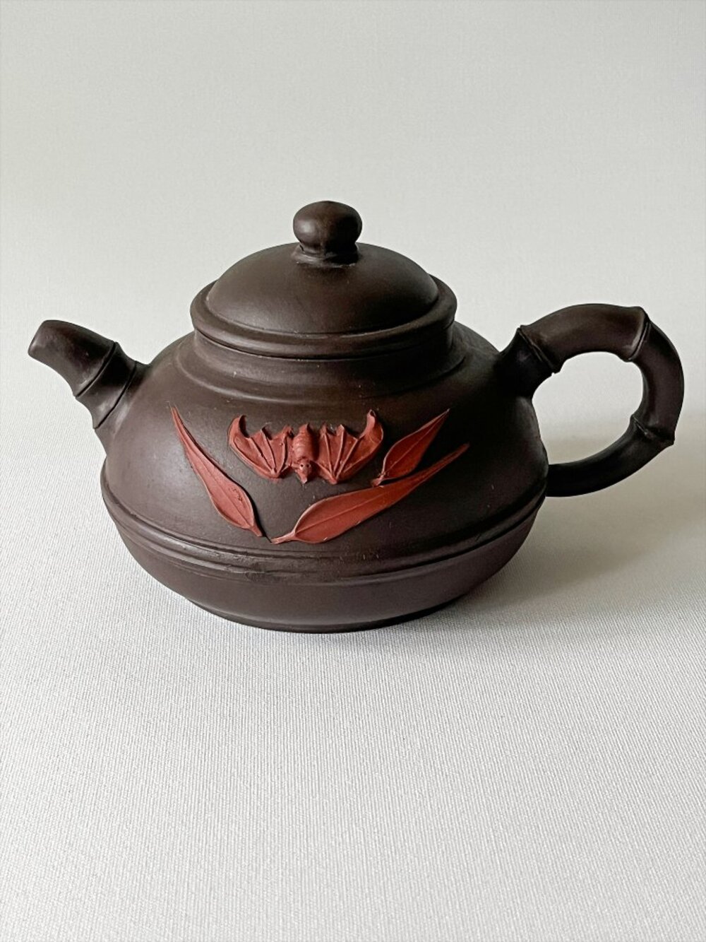 Vintage Signed Yixing Zisha Teapot Handcrafted Bamboo Bat Motif Lucky Feng Shui